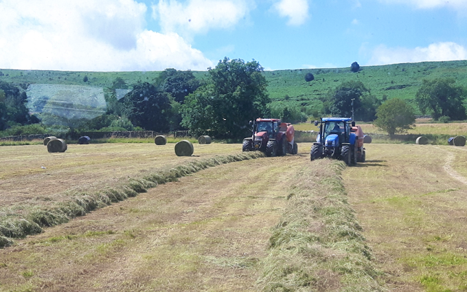 P.r, j.m & s.r houlston agricultural contractors with Round baler at Glaisdale