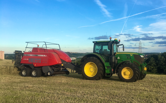 R.m simpson agriculture ltd with Large square baler at Hunsworth Lane