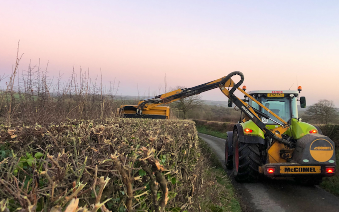 A j robinson direct drilling & grassland subsoiling with Hedge cutter at Llanddewi Velfrey