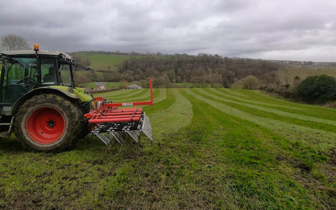 A.d.s agricultural contractors  with Tine harrow at Muddiford