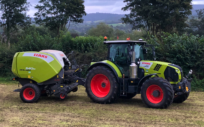 K m bray agri & plant contractor  with Round baler at Talgarth