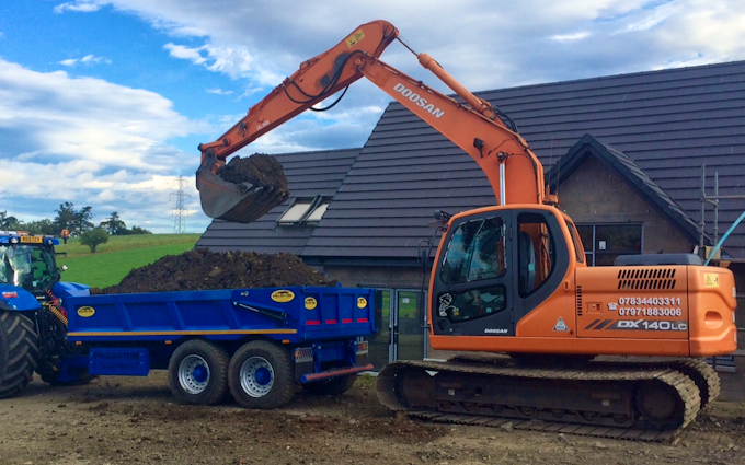 Mains of allanbuie farmers & contractors with Excavator at United Kingdom