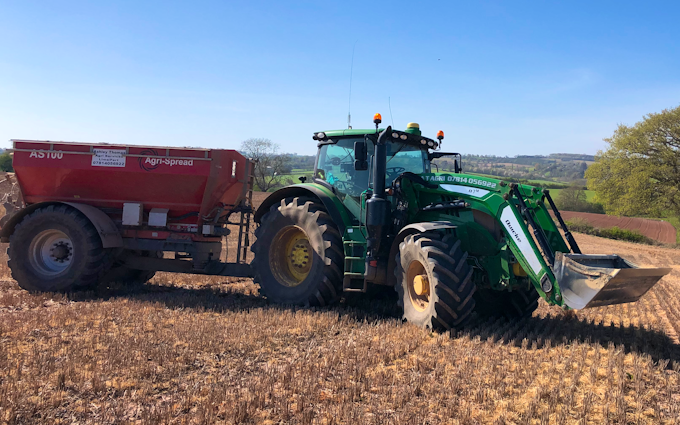 Ashley thomas agri services with Lime spreader at Chelmarsh