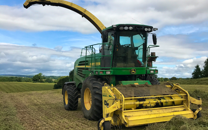 Powells contracting  with Forage harvester at Hay-on-Wye